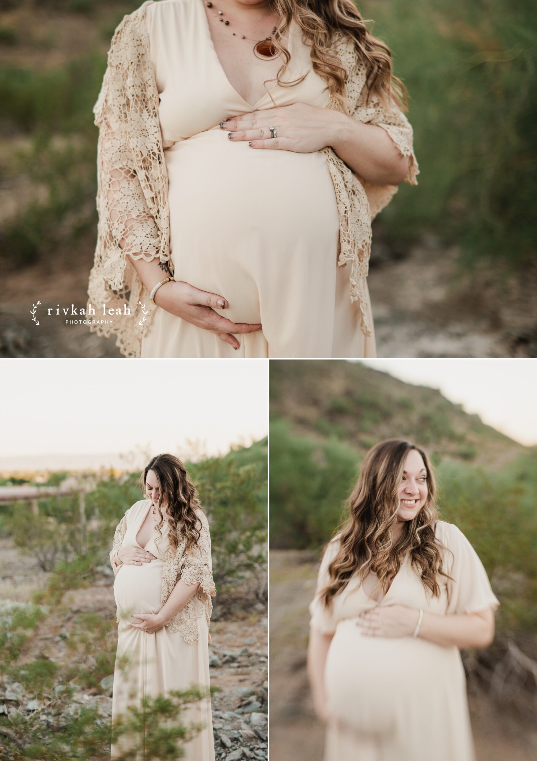 pregnant woman in lace and silk cream colored gown holding her belly at North Mountain Park