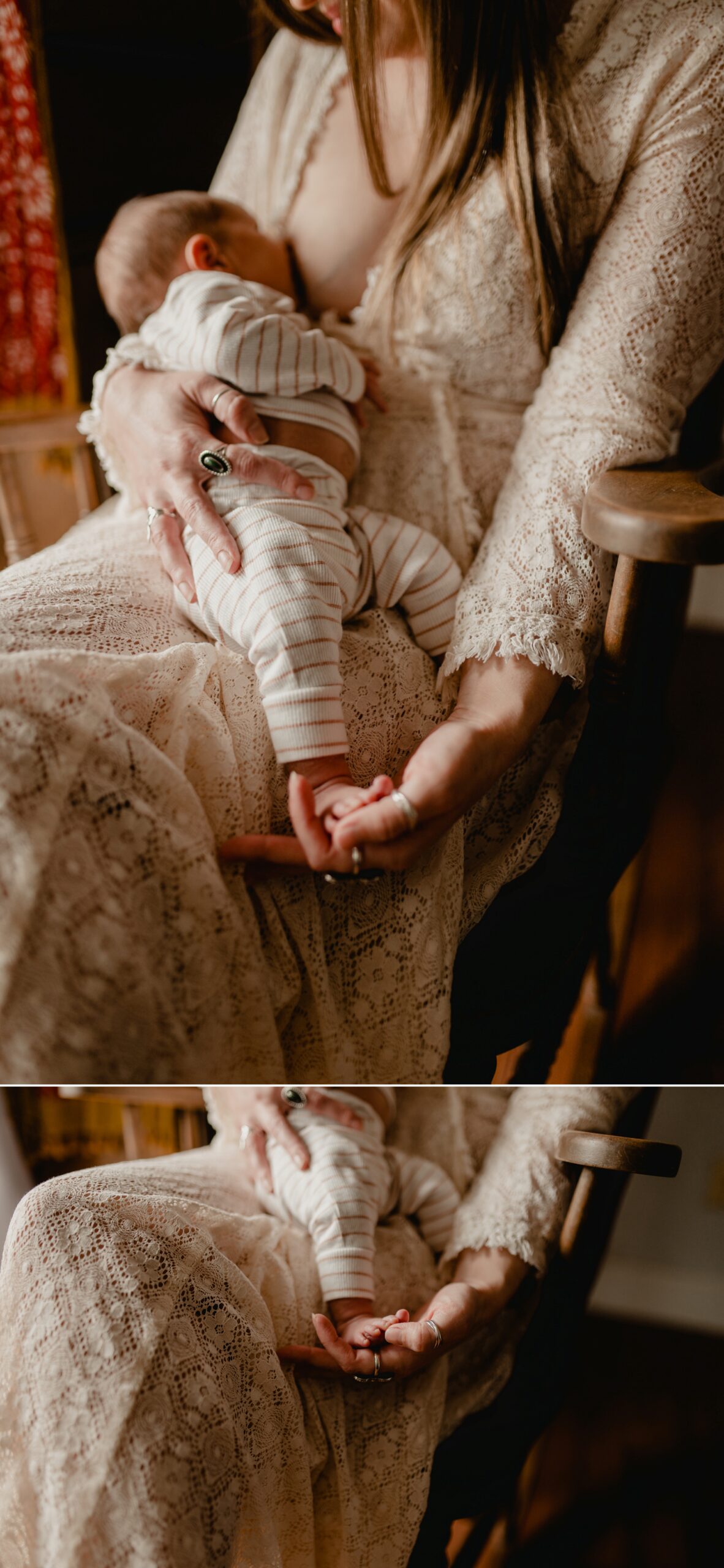 mom in a cream lace dress caresses baby boy's toes while she nurses him in a rocking chair