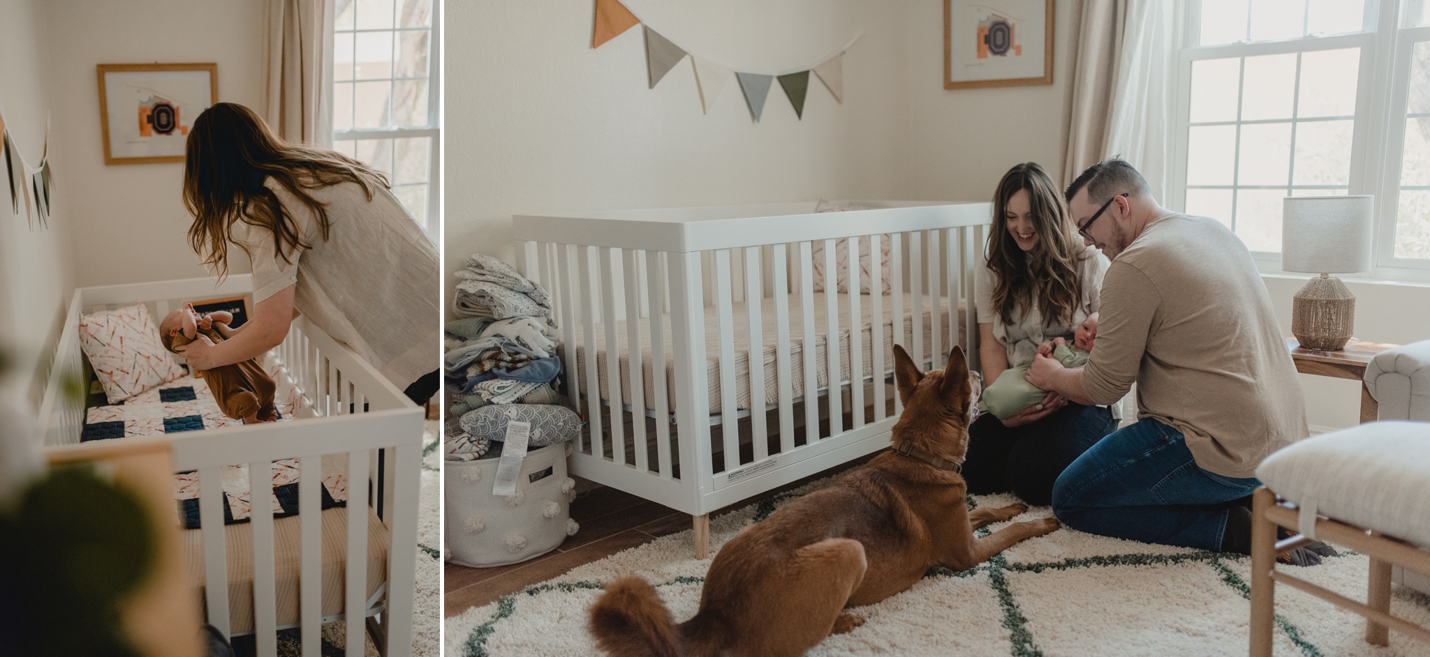 mom places baby into his crib and mom and dad sit with their newborn and dog on the floor in their nursery