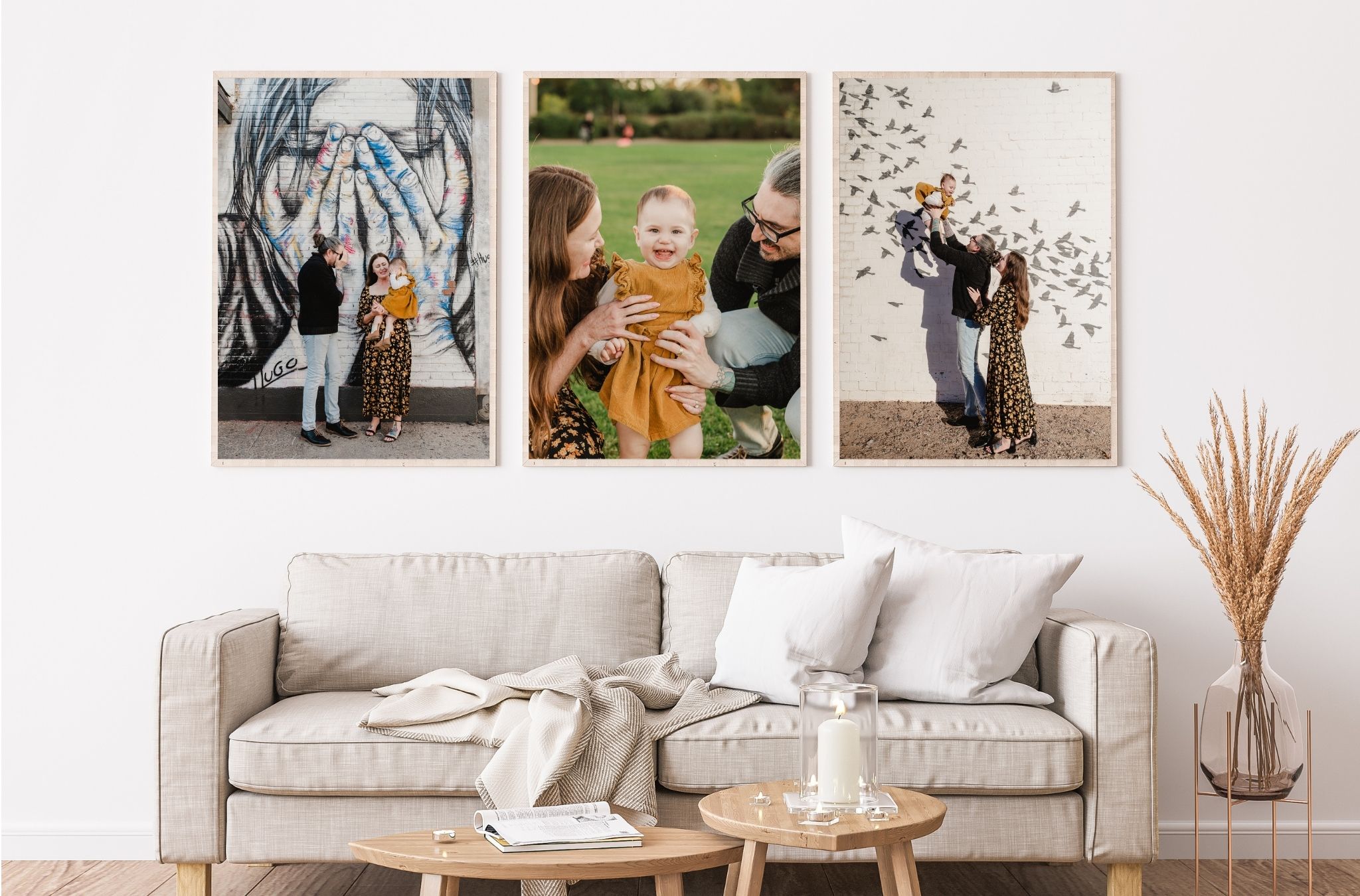 three framed family photos above a cream colored couch in a Phoenix home